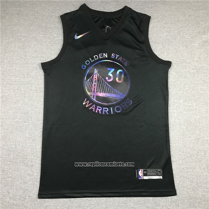 Camiseta Golden State Warriors Stephen Curry #30 Iridescent Logo Negro